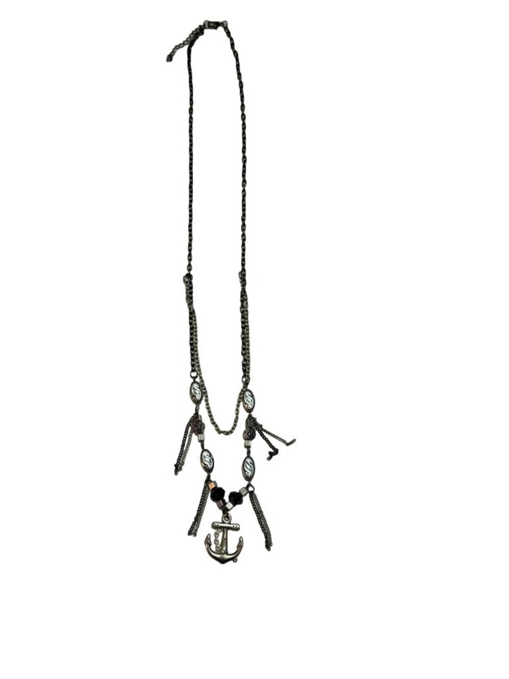 Silver Tone Nautical Anchor Statement Necklace Layered Chain Black Beads 26 Inch